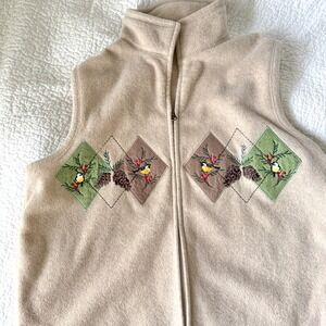Vintage Fleece Vest Embroidered Birds Woodland L Granola Girl Cottagecore Nature